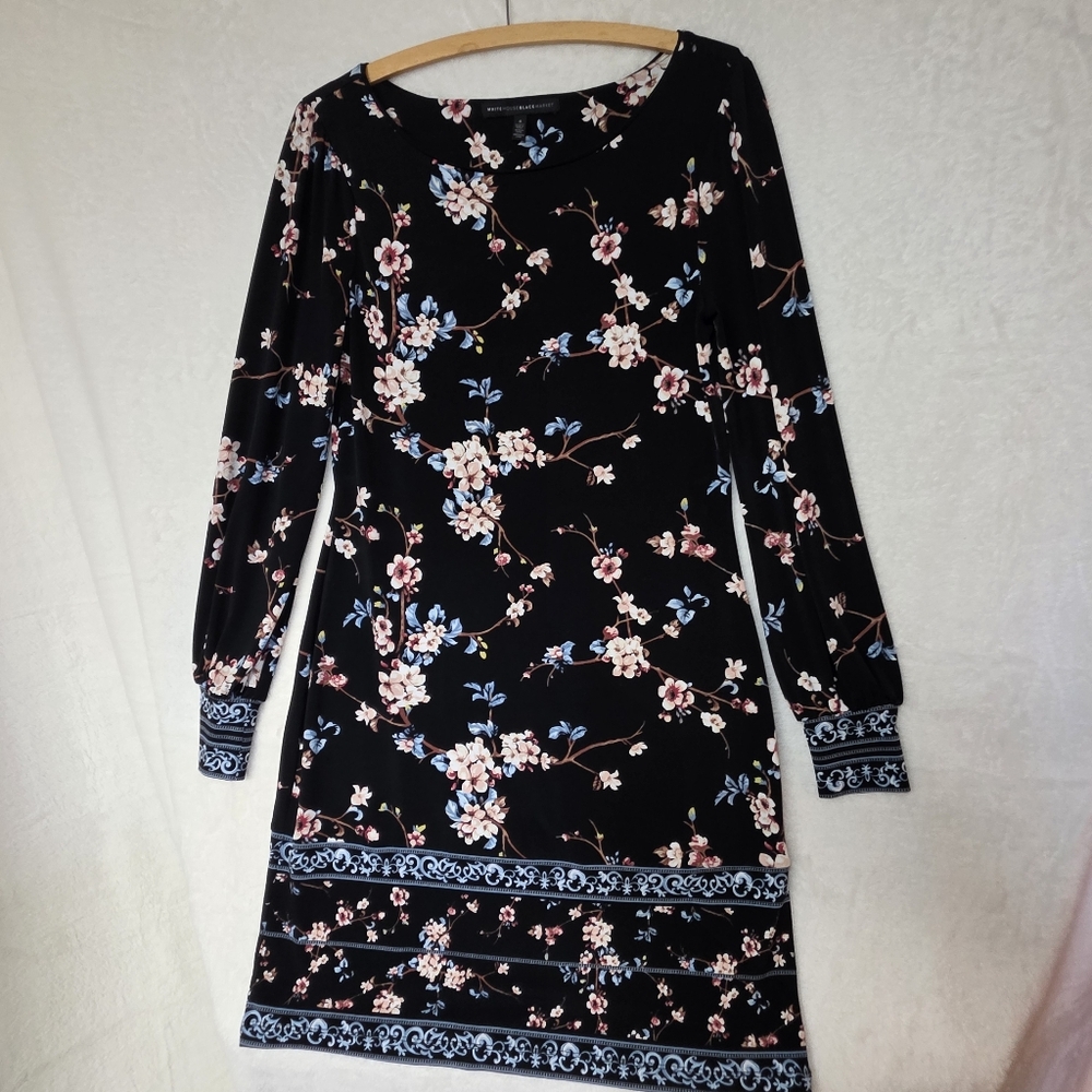 WHBM Black Floral Long Ruching Sleeve Lightweight Midi Dress Scoop Neck  Size SM